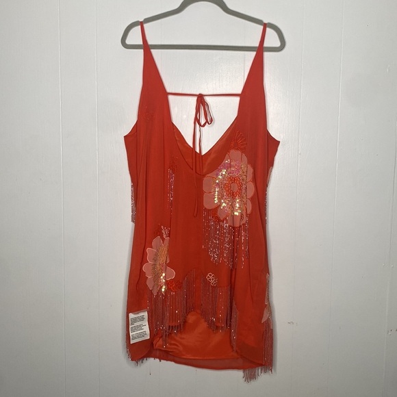 Asos Design Women's Orange Floral Beaded Sequined Mini Dress Layered size 14 - Picture 10 of 10